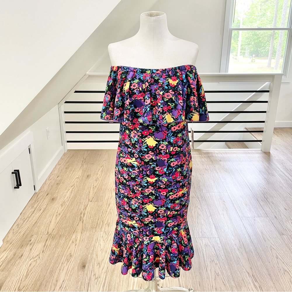 S LuLaRoe purple, colorful off shoulder, midi stretchy floral dress